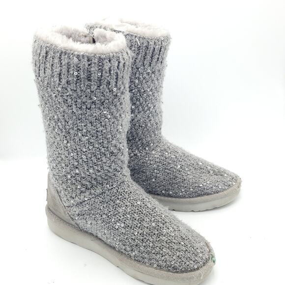 UGG Treadlite Silver Gray Sequin Knit Mid Calf Sweater Boots girls Size 13 - Picture 3 of 9